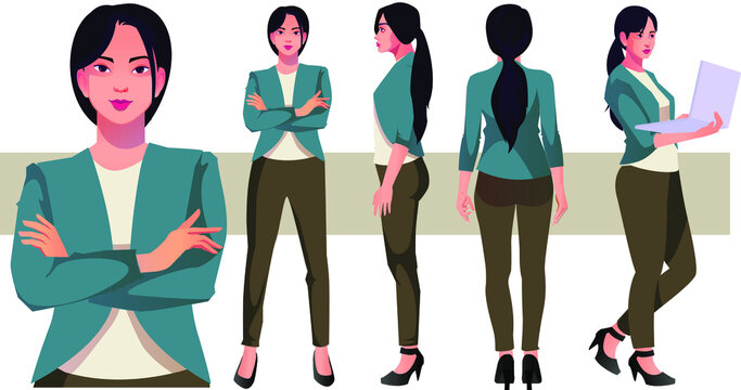 Business Woman Character In Different Poses Set Vector Illustration Indian Style