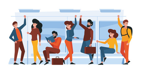 Bus interior. Crowd standing in bus and stand holding grip garish vector illustrations background in flat style