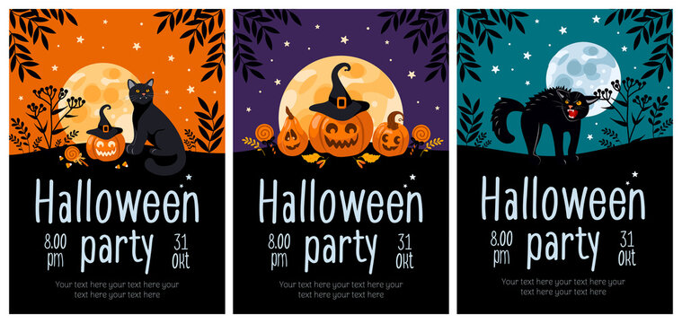 Halloween party flyer set. Bright vector illustration. Pumpkin jack-o-lantern, black cat, witch hat, lollipop, moon. For advertising banner, poster, flyer.