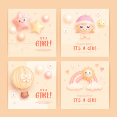 Set of baby shower invitation with cartoon air balloon, rainbow, sun and flowers on beige background. It's a girl. Vector illustration