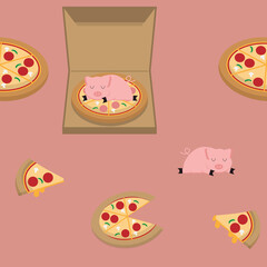 pig sleeping on the pizza in cute cartoon   fabric seamless pattern