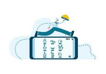 Ordering food in a mobile app. Business. Home food delivery. A professional chef rushes to offer the main menu. Icons with a choice of dishes. The concept of online services for fast food preparation.