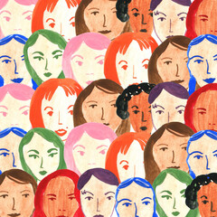 Illustration with different colorful woman faces on white background, pattern