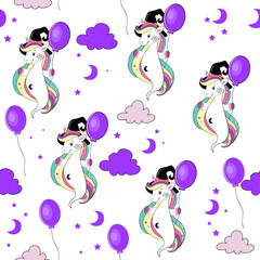 Seamless pattern with unicorn in halloween ghost costume. Vector cartoon illustration. Drawing for children's clothing, t-shirts, gifts, packaging