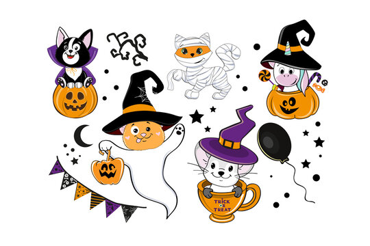 Funny animals in Halloween costume. Vector cartoon illustration on white background isolated. Cat, mouse, unicorn