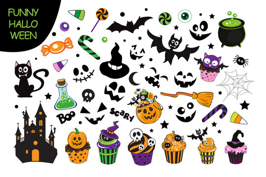 Vector illustration set with Halloween elements of pumpkin, funny faces, black cat, bat, cupcake on white background isolated