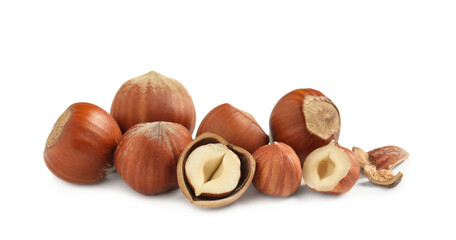 Tasty organic hazelnuts on white background. Healthy snack