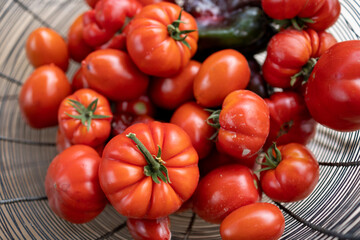 Close up shot from above of an iron basket filled with organic, fresh home grown tomatoes and some peppers, in all their natural imperfection. Farmer's market produce.