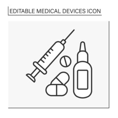  Treatment line icon. Injections, pills and drugs, nasal spray.Special treatment things. Medical service.Medical devices concept. Isolated vector illustration. Editable stroke