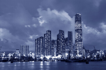 Skyline of Victoria Harbor of Hong Kong city at night