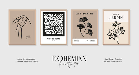 Bohemian style art print poster collection. Woman silhouettes, groovy flowers, botanical vector illustrations