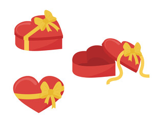 Heart gift box. Romantic present for Valentine day, Birthday. Giftbox opened and closed isolated. Side and top view. Vector illustration