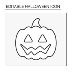  Jack-o-lantern line icon. Cut out ghoulish faces and illuminated by candles.Holidays calendar. Halloween concept. Isolated vector illustration. Editable stroke