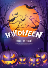 Happy halloween scary jack lantern with purple tone full moon night background