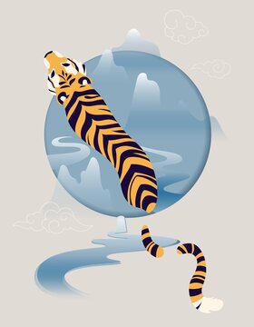 Large striped tiger swims. Symbol of coming 2022 Chinese New Year of Tiger. Design element for calendar or festival. Water tiger top view among the rivers and eastern mountains. Vector illustration