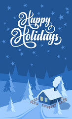 Winter landscape background with text Happy Holidays