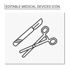 Surgery line icon. Medical clamps. Surgical instruments.Device for compressing a part or structure. Scissors and scalpel.Medical devices concept. Isolated vector illustration. Editable stroke