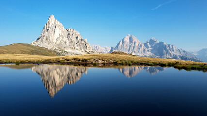 Reflection of mountains in the lake. Italian Dolomites, Tofana di Rozes