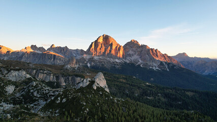 Mountains in illuminated at sunrise. Italian Dolomites, Tofana di Rozes