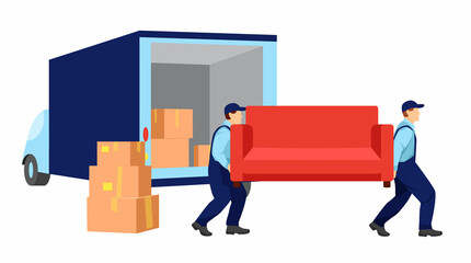 Movers carry a sofa. Boxes with things and truck are standing nearby. Relocation. Transport company. Moving service. Cartoon vector illustration in flat style.