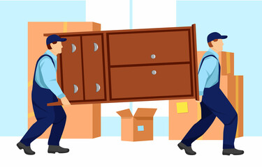 Movers carry a heavy wardrobe. Boxes with things are standing near the wall. Relocation. Transport company. Moving service. Cartoon vector illustration in flat style.