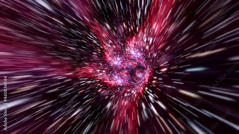Poster abstract dark purple red hyperspace warp tunnel through time and space animation. 4k 3d loop sci-fi 