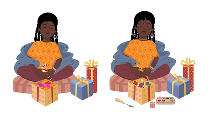 Young African American girl sitting in lotus position with gifts. The girl opens gifts with sweets and materials for creativity and drawing. Vector holiday stickers and patches with a girl.