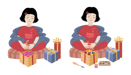 Young Asian girl sitting in lotus position with gifts. The girl opens gifts with sweets and materials for creativity and drawing. Vector holiday stickers and patches with a girl.
