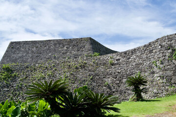 The view of stone wall and tropical plants at Zakimi Castle Ruins.