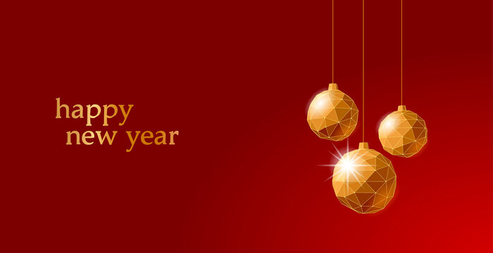 Christmas tree gold ball decoration low poly. Modern digital art template greeting card. Red golden background. Glowing sparkling 3D render sphere Happy New Year banner vector illustration