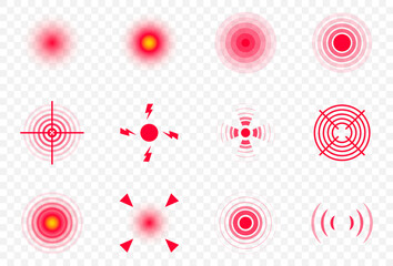 Red pain circles. Circles for marking human pain. Head toothache muscular menstrual joint pain, hurt body part marker. Painful target spot mark vector set. Targeting medication medical information