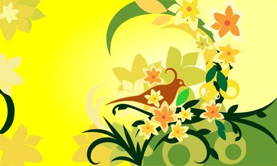 yellow gradient background with birds and floral motifs
