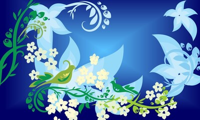 Fototapeta na wymiar blue gradient background with birds and floral motifs