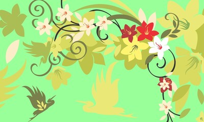 Obraz na płótnie Canvas light green background with flowers and birds