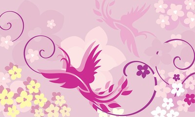 Fototapeta na wymiar light purple background with flowers and birds