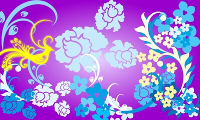Fototapeta na wymiar purple gradient background with birds and florals