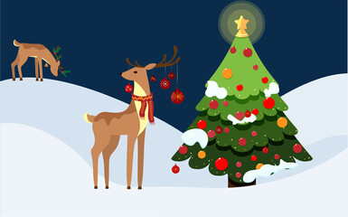 Beautiful and cute two Christmas stylized deer. Cartoon fairy deer. Beautifully decorated Christmas tree.