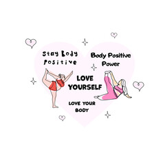 Body positive concept. Love your body. Vector linear illustration with plus size women. Positive illustration for postcards, web, banner, article, print, t-shirt.