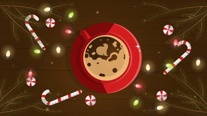 hristmas card with hot drink, coffee in the new year, hot chocolate in a cup, hot drink in winter, coffee in Christmas decor, red cup, glowing garland