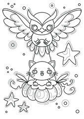 Coloring page with cat and owl, hand-drawn vector illustration.