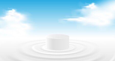 White podium platform display standing in the middle of water ripple on milk paddle, with cloudy sky background.