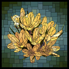 Vector square mosaic with group of blooming yellow crocus flowers in stained glass window.