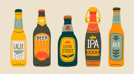 Various green, brown, yellow glass Beer bottles. Different beer types, labels. Hand drawn trendy Vector illustration. Every bottle is isolated. Brewery concept. Design elements for restaurant, pub