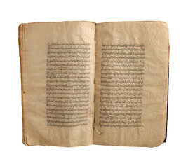 Ancient open arabic book on a white background. Old arabic manuscripts and texts
