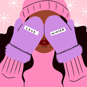 Close up portrait of young woman covering her eyes with her hands. Closed eyes by Mittens. Lady wearing warm beanie and sweater. Snowy winter weather, Cozy clothes concept. Vector illustration