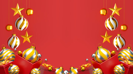 Christmas and happy new year decorations with a golden silver ball and golden star on red background. 3d illustration