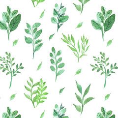 Green leaves pattern seamless background. Seamless pattern with botanical green leaves watercolor.