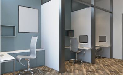 Modern office building interior. 3D rendering.. Mockup.   Empty paintings