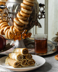 Russian tea party with pancakes on Maslenitsa
