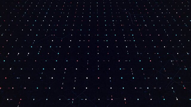 Abstract digital lines randomly moving among spots in a dark technological space. Animation. Flowing narrow stripes in a grid, seamless loop.